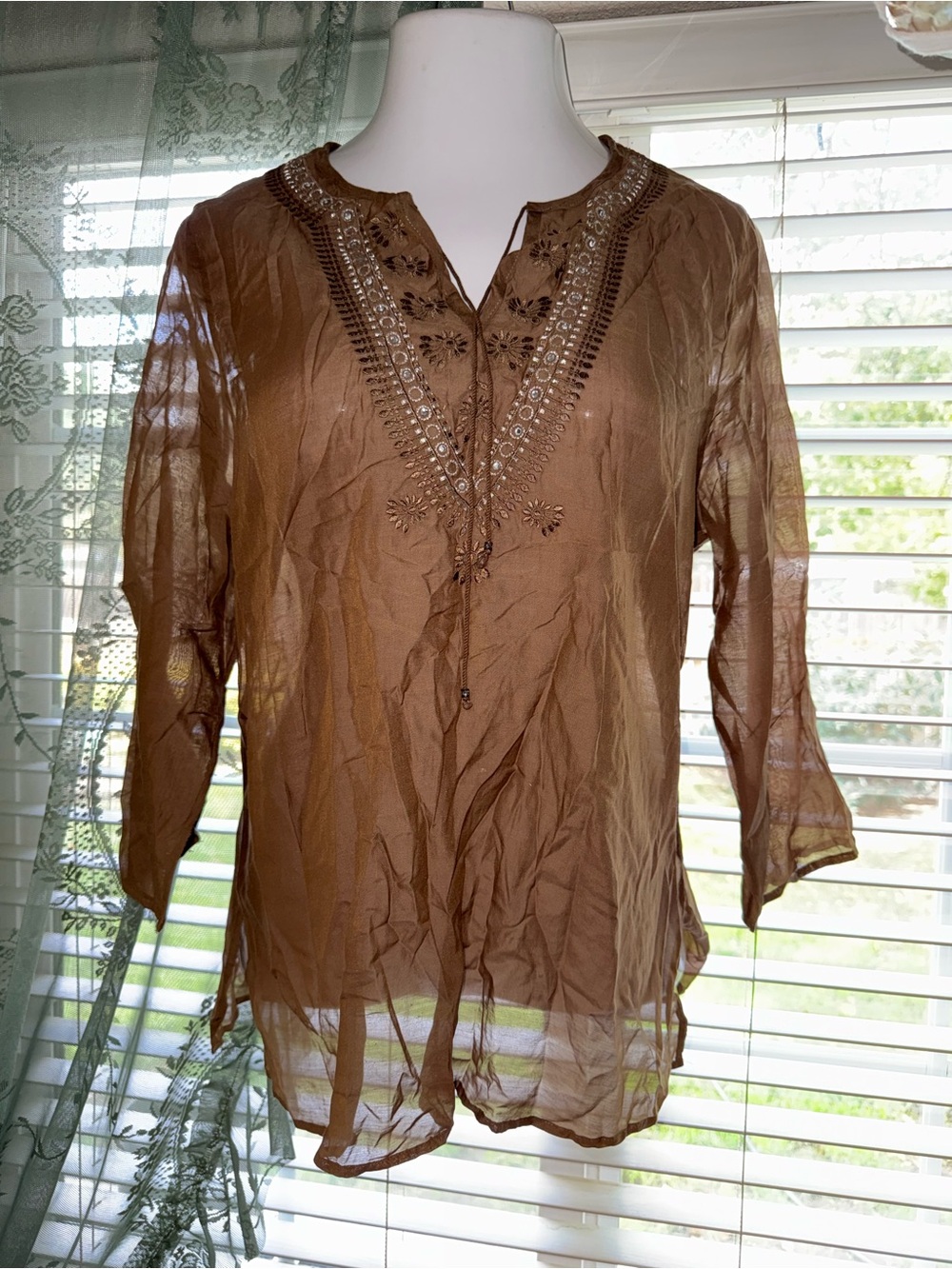 Express Brown Sheer Embroidered V-Neck Tunic